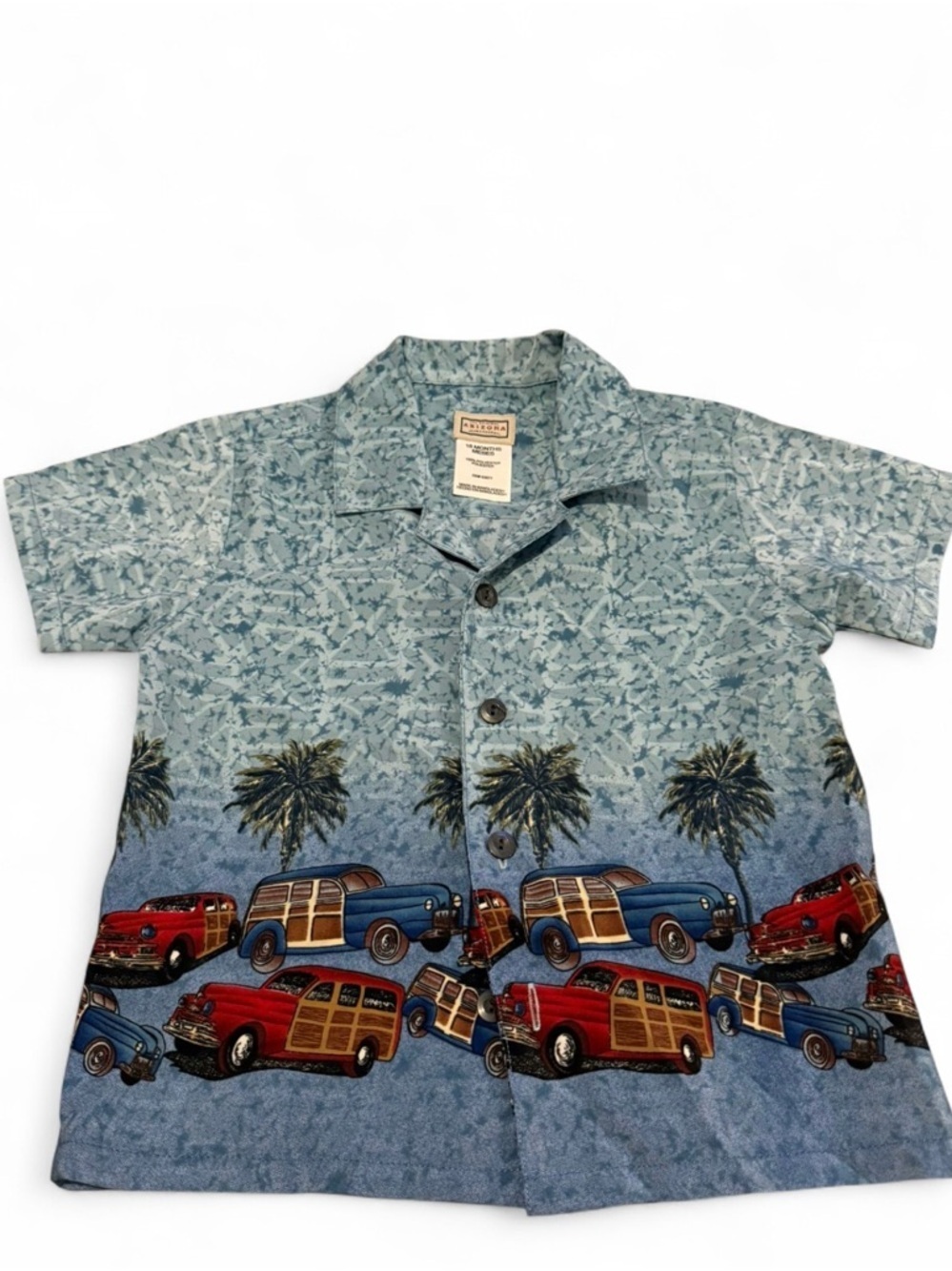 Vintage Arizona Baby Hawaiian Classic Cars Blue Beach Button Front 100% Rayon